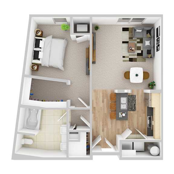 A 3D floor plan of a small apartment with a kitchen, living room, and bedroom.