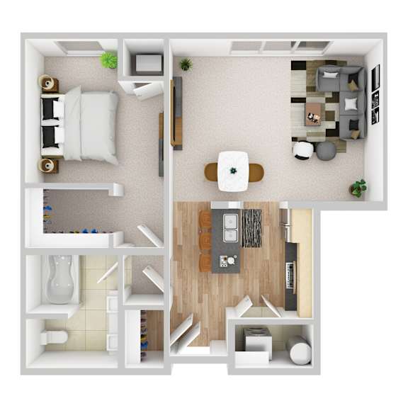 A top-down view of a small apartment with a kitchen, living room, and bathroom.