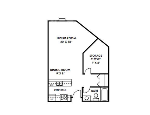 A floor plan of a small apartment with a living room, dining room, kitchen, and bath.