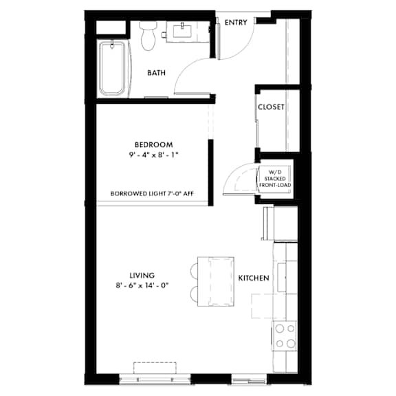 A black and white image of a floor plan for a small apartment.