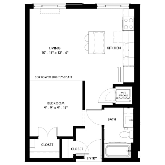 A floor plan of a small apartment with a living room, kitchen, bedroom, bathroom, closets and an entry.