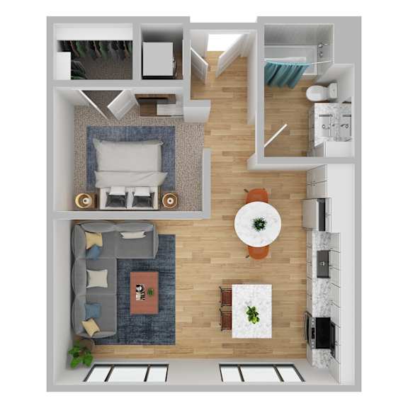 A top-down view of a modern living room with a grey sofa, a coffee table, and a dining area.