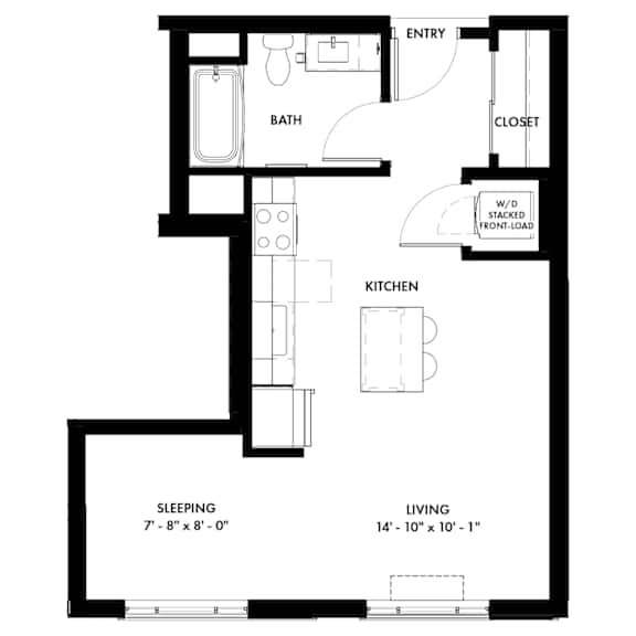 A floor plan of a small apartment with a sleeping area and a living area.