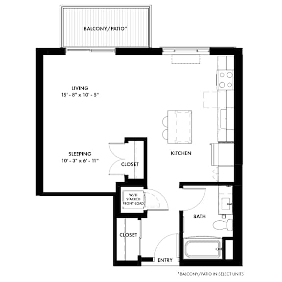 A floor plan of a small apartment with a living room, sleeping area, kitchen, bathroom, and entry.