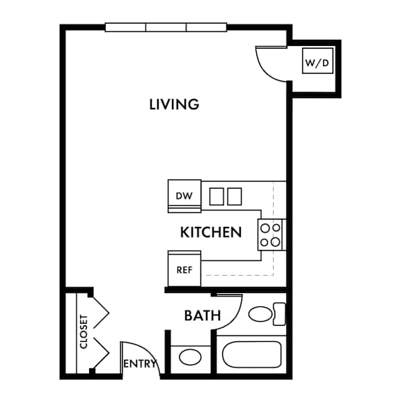 A floor plan of a living space showing a kitchen, bathroom, and entry.
