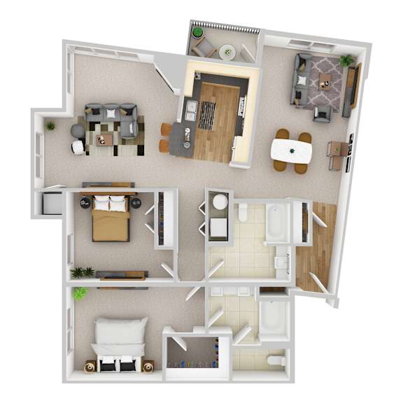 A 3D floor plan of a house with a kitchen, living room, dining room, and bathroom.