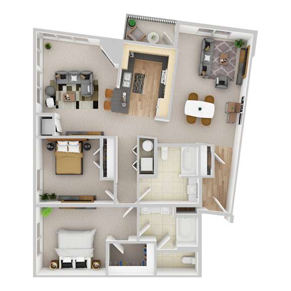 A top-down view of a small apartment with a living room, kitchen, and bathroom.