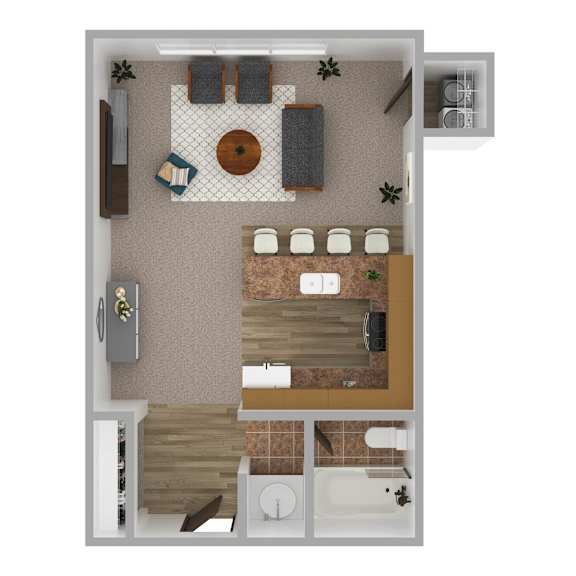A top down view of a small apartment with a kitchen, living room, and bathroom.