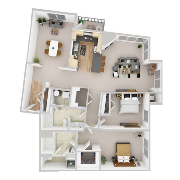 A 3D floor plan of a house with multiple rooms and furniture.