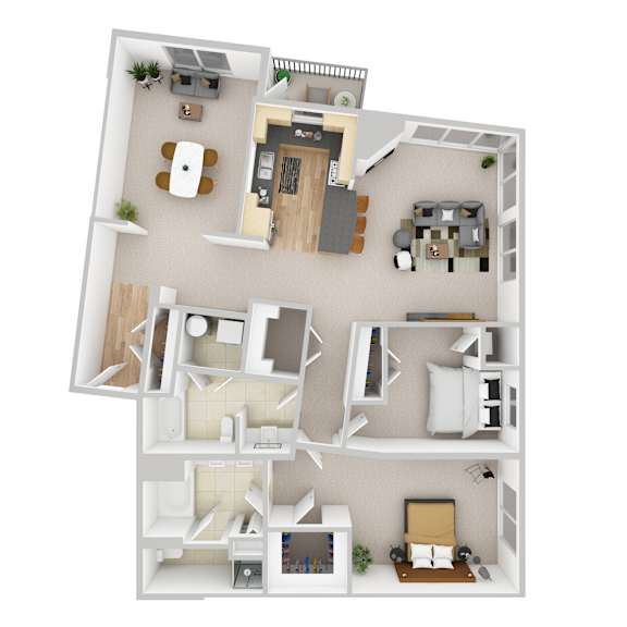 A 3D floor plan of a small apartment with a kitchen, living room, bedroom, and bathroom.