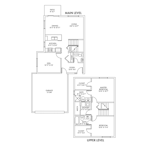 A floor plan of a two-level home with labeled rooms and dimensions.
