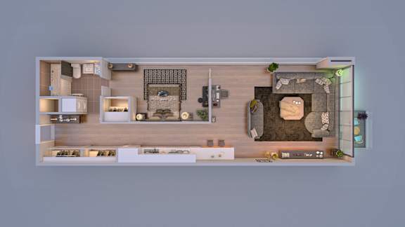 A top-down view of a living space with a kitchen, dining area, and a section with a couch and a chair.