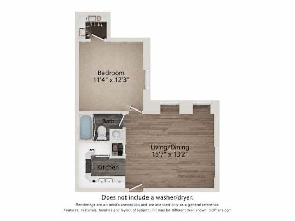 A floor plan of a small apartment with a bedroom, living/dining area, and kitchen.