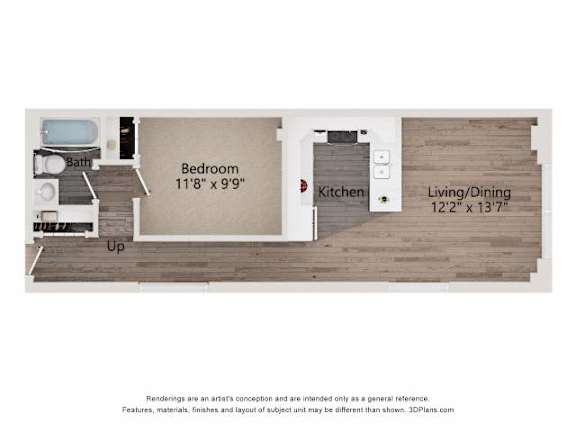 A floor plan of a room with a bedroom, kitchen, and living/dining area.