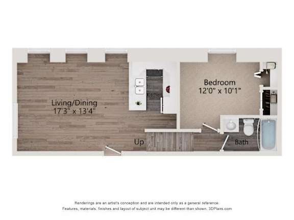 A floor plan of a small apartment with a living room, dining room, bedroom, and bathroom.