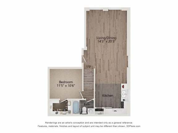 A floor plan of a small apartment with a living/dining area, kitchen, bedroom, and bathroom.