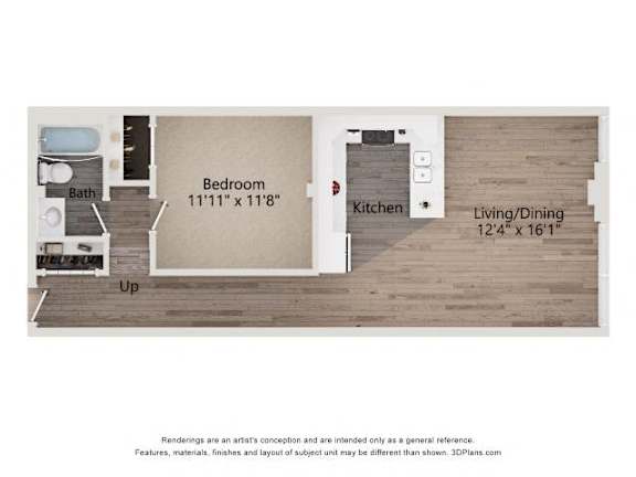 A floor plan of a small apartment with a bedroom, kitchen, and bathroom.