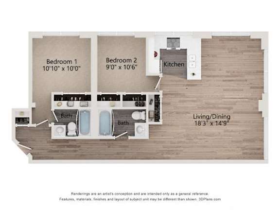 A floor plan of a two bedroom apartment with a living/dining area and kitchen.