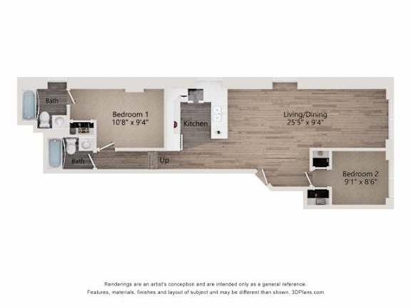 A floor plan of a living space with two bedrooms, a kitchen, and a bathroom.