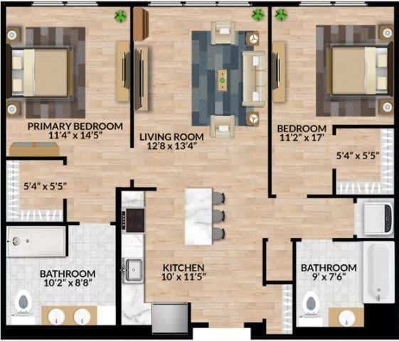 A floor plan of a house with a living room, two bedrooms, a kitchen, and two bathrooms.