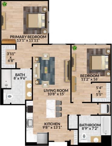 A floor plan of a house with a living room, kitchen, two bedrooms, and a bathroom.