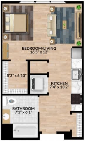 A floor plan of a small apartment with a bedroom, kitchen, and bathroom.