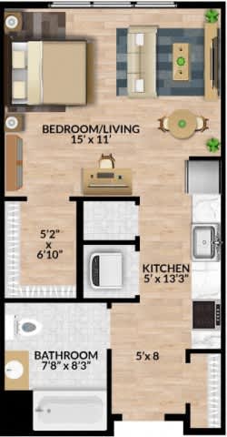 A floor plan of a bedroom/living room, kitchen, and bathroom layout.