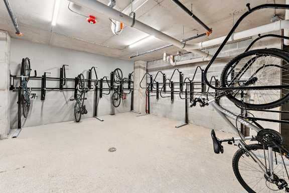 A bike shop with many bicycles hanging on the wall at The Box, Richmond, VA, 23224
