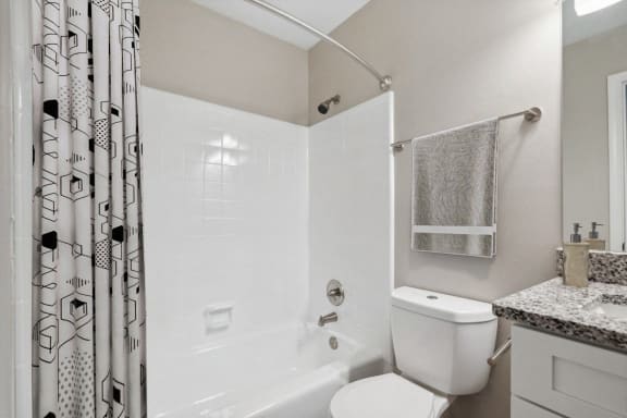 a white bathroom with a shower curtain and a toilet at Lake Johnson Mews, Raleigh