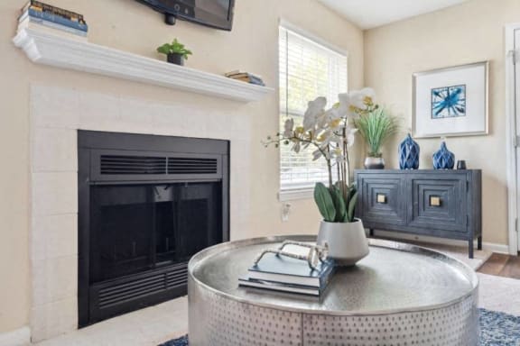 a living room with a fireplace and a table at Willow Ridge Apartments, Charlotte, NC, 28210