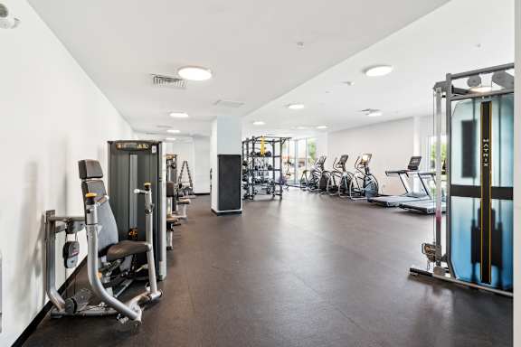 A gym with a variety of equipment including treadmills, weights, and exercise machines.