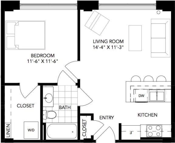 1 Bed 1 Bath Floor Plan at The Locks, Richmond, VA, 23219
