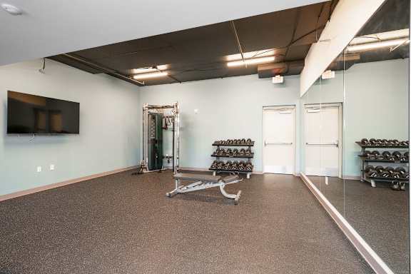 A gym with a mirror, weights, and a television at The Waterford At Rocketts Landing Apartments, PRG Real Estate, Richmond, VA
