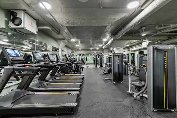 A gym with treadmills and exercise equipment.