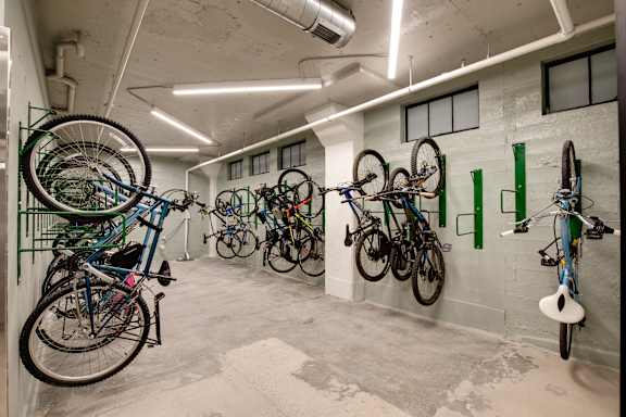 A bike rack with many bikes hanging on it at The Carousel, Richmond, Virginia