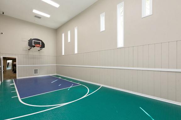 A basketball court inside a gym with a basketball hoop mounted on the wall at Lakecrest Apartments, PRG Real Estate Management, Greenville, SC 29615