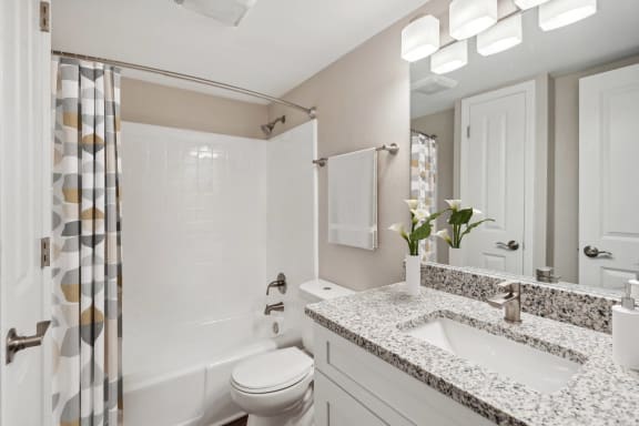 a bathroom with a shower toilet  at Lake Johnson Mews, Raleigh, North Carolinaand sink at Lake Johnson Mews Apartments, Raleigh, NC