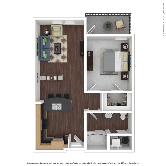 A1 with furniture Floor Plan at 45 Madison Apartments, Missouri, 64111