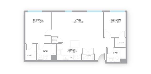 A floor plan of a home with three bedrooms, a living room, a kitchen, a bathroom, and a laundry area.