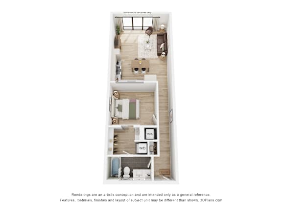 A 3D floor plan of a small apartment with a kitchen, living room, and bathroom.