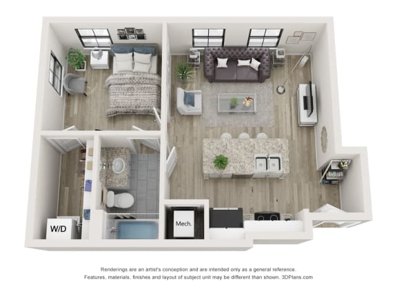 Floor plan of The Meadow 1 bedroom apartment  at Circ Apartments, Richmond, VA