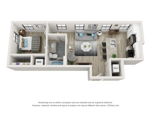 1 Bed 1 Bath Floor Plan at Circ Apartments, Richmond, 23220