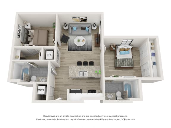 Floor plan of The Hanover 2 bedroom apartment  at Circ Apartments, Richmond, VA, 23220