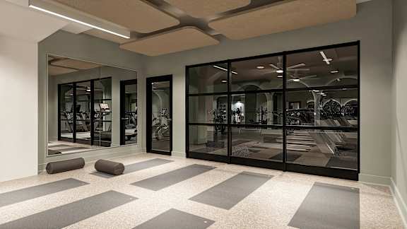 A room with a black and white checkered floor and a glass wall at The Carousel, Richmond, Virginia