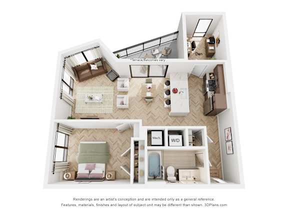 A 3D floor plan of a house with labeled rooms.