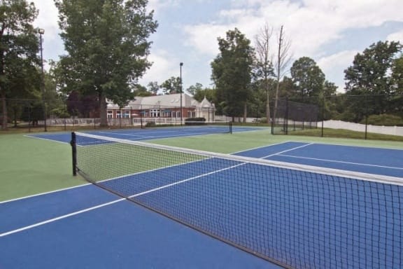 a tennis court with a net on it at The Timbers, Richmond, 23235