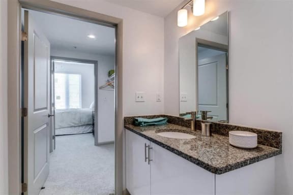 a bathroom with a sink and a large mirrorat East 51 At Rocketts Landing, Richmond, VA