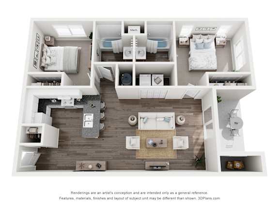 A 3D floor plan of a house with labeled rooms.