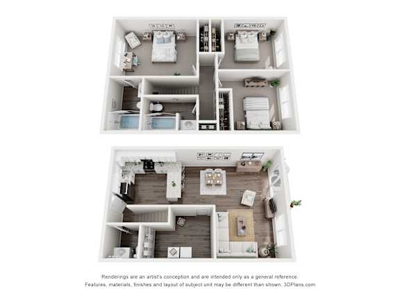 Two images of a house layout with a kitchen, living room, and bedrooms.