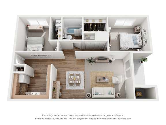 A 3D floor plan of a small apartment with a kitchen, living room, and bedrooms.